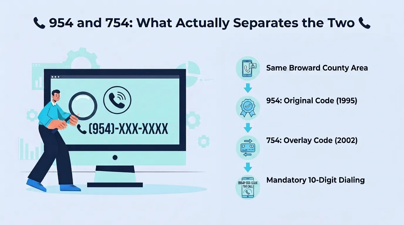 954 and 754: What Actually Separates the Two — same Broward County area, 954 as the original code from 1995, 754 as the overlay code from 2002, and mandatory ten-digit dialing