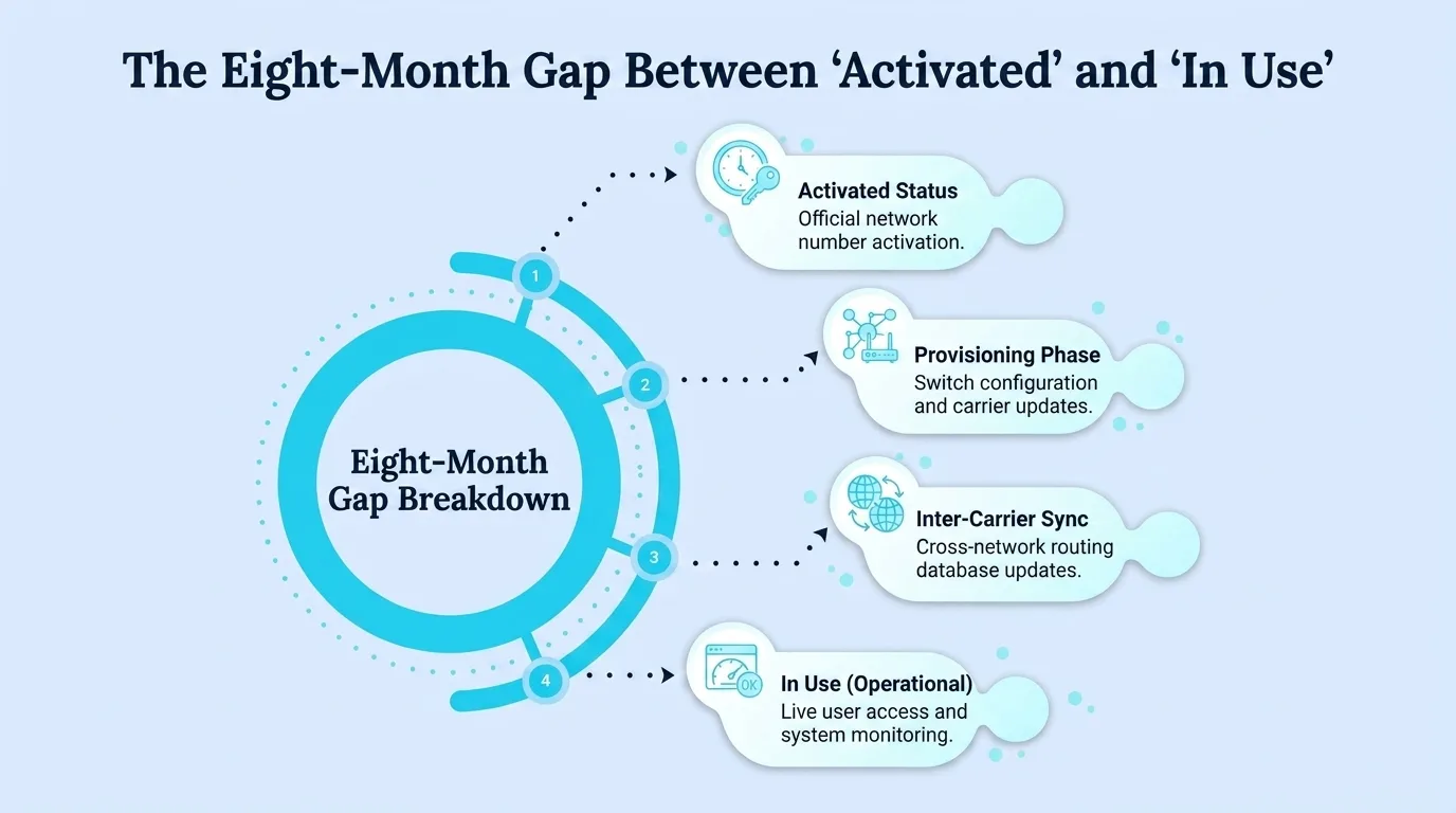 The Eight-Month Gap Between Activated and In Use — activated status, provisioning phase, inter-carrier sync, and in-use operational stages
