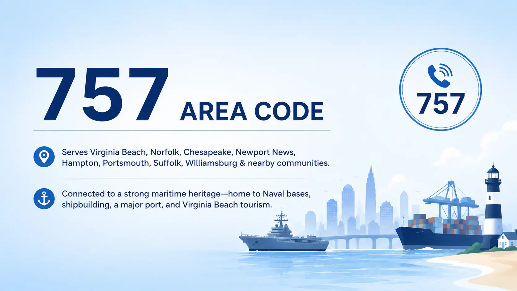 Serves Virginia Beach, Norfolk, Chesapeake, Newport News, Hampton, Portsmouth, Suffolk & Williamsburg — map of Hampton Roads harbor cities served by the 757 area code
