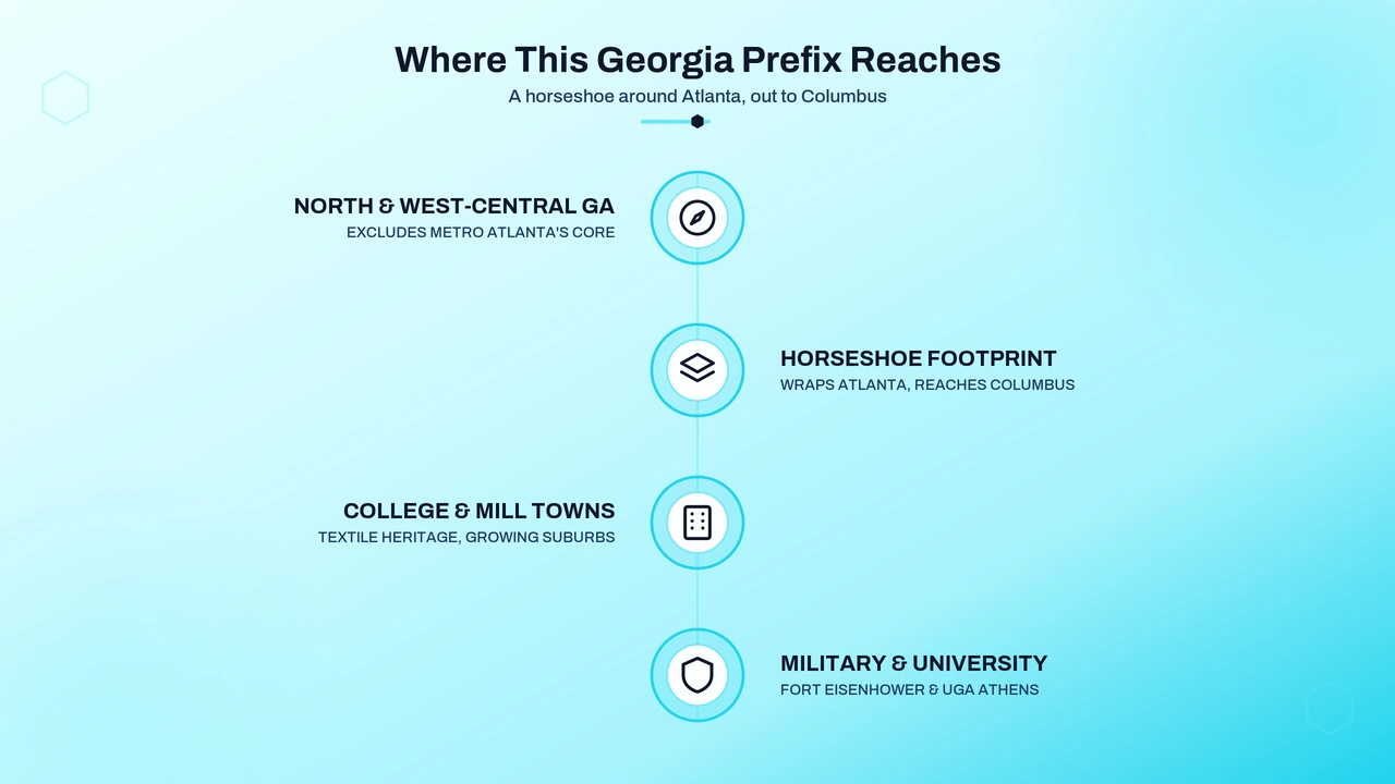 Map of northern and west-central Georgia towns covered by this prefix