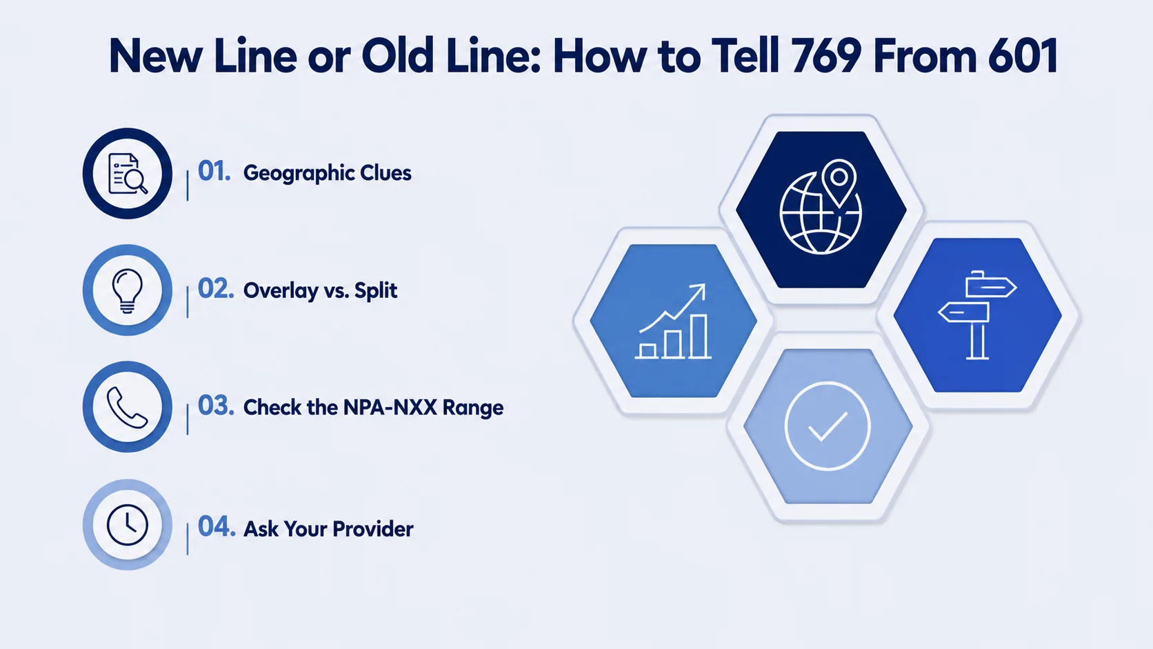 New Line or Old Line: How to Tell 769 From 601 — infographic listing geographic clues, overlay versus split, checking the NPA-NXX range, and asking your provider
