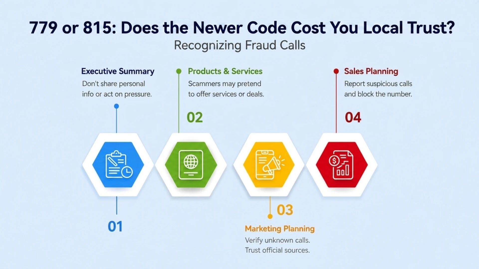 779 or 815: Does the Newer Code Cost You Local Trust? — recognizing fraud calls, covering executive summary, products and services, marketing planning, and sales planning