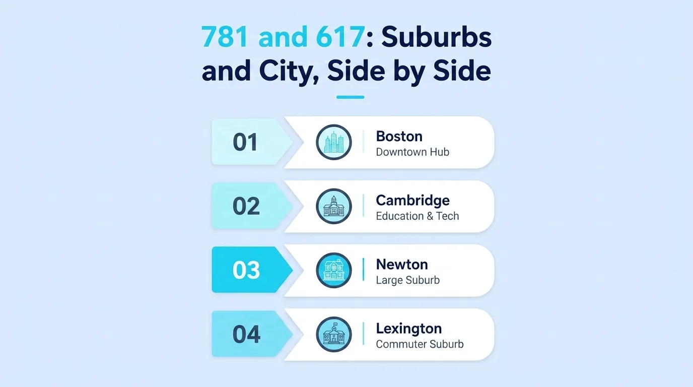 781 and 617: Suburbs and City, Side by Side — infographic comparing Boston's downtown hub, Cambridge's education and tech corridor, Newton as a large suburb, and Lexington as a commuter suburb