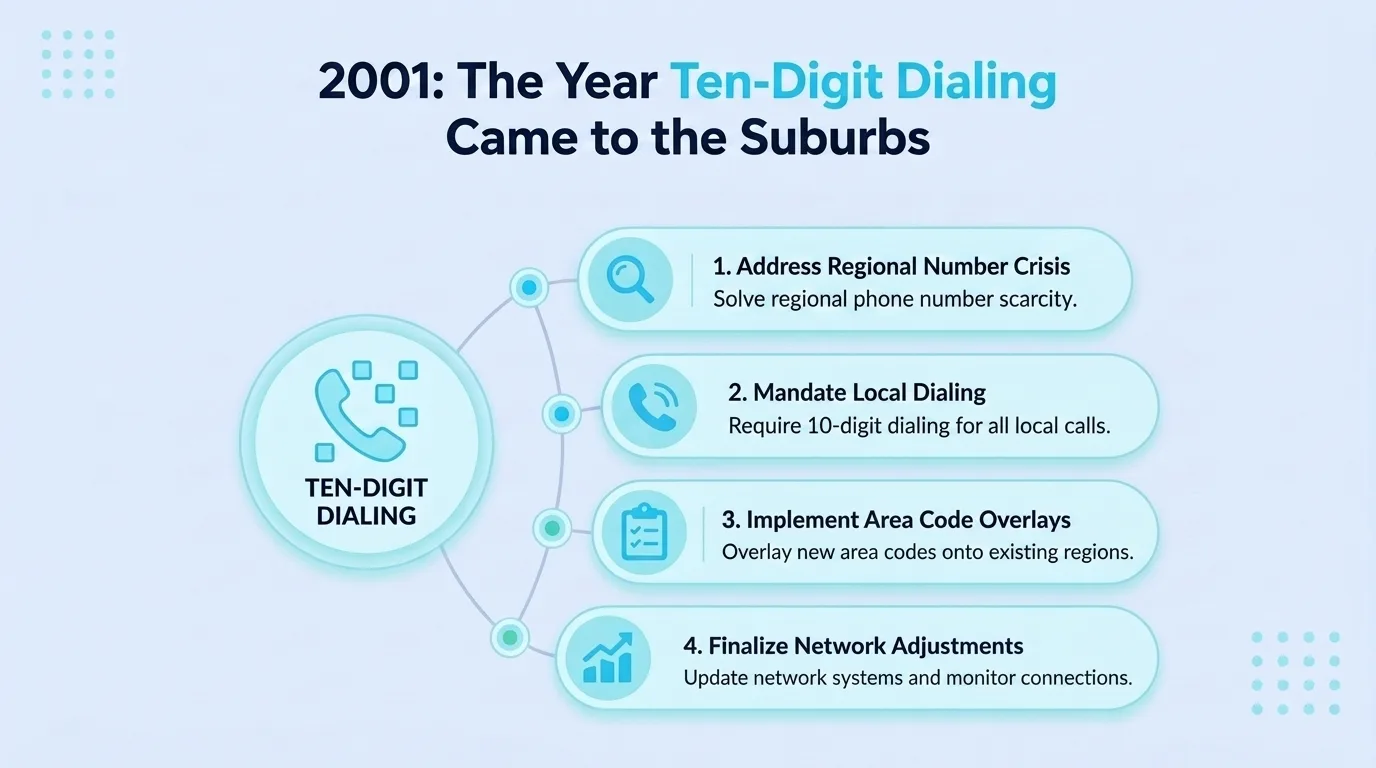 2001: The Year Ten-Digit Dialing Came to the Suburbs — infographic showing the four steps of the 339 overlay rollout: addressing the number crisis, mandating local dialing, implementing area code overlays, and finalizing network adjustments