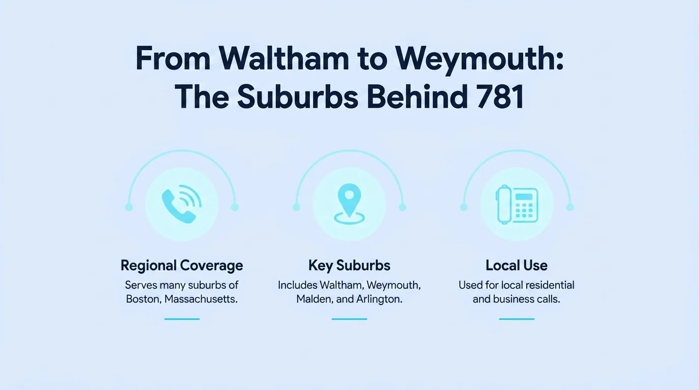 From Waltham to Weymouth: The Suburbs Behind 781 — infographic showing regional coverage, key suburbs including Waltham, Weymouth, Malden, and Arlington, and local business and residential use