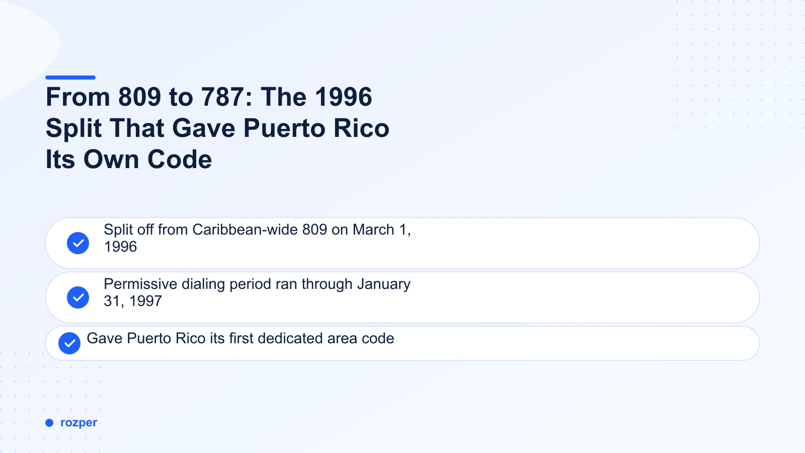 From 809 to 787: The 1996 Split That Gave Puerto Rico Its Own Code — a timeline graphic showing the Caribbean-wide 809 code splitting into 787 in 1996