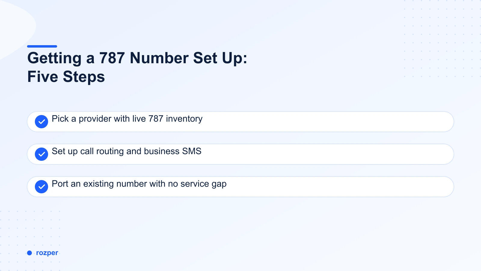 Getting a 787 Number Set Up: Five Steps — a five-step infographic for activating a 787 number, from choosing a provider to porting an existing line