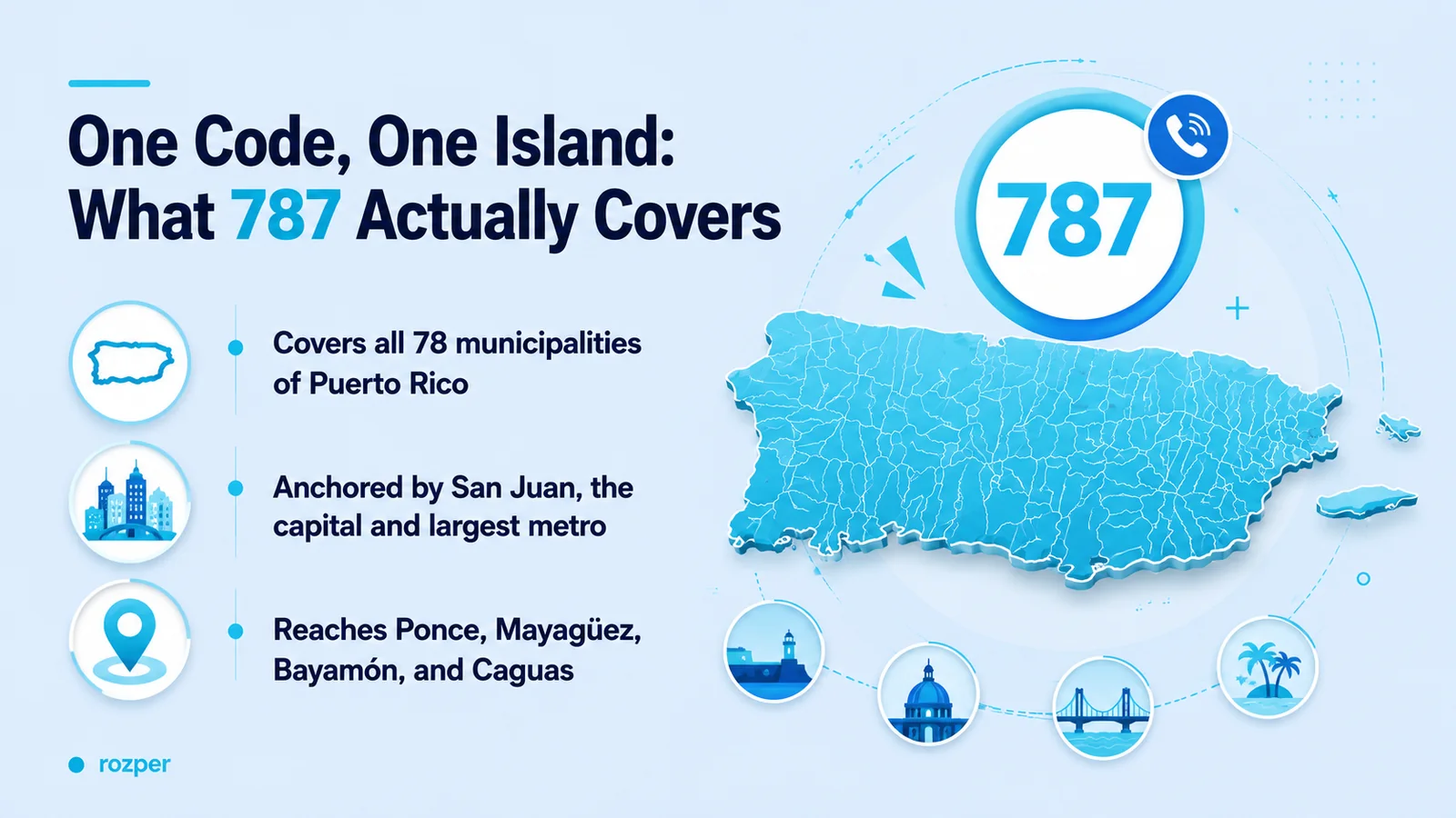One Code, One Island: What 787 Actually Covers — a map of Puerto Rico showing the 787 area code spanning the entire island from San Juan to Ponce and Mayagüez