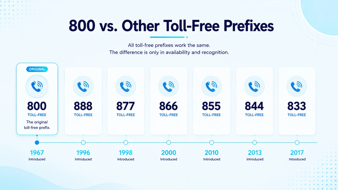 Side-by-side comparison graphic of toll-free prefixes 800, 888, 877, 866, 855, 844, and 833