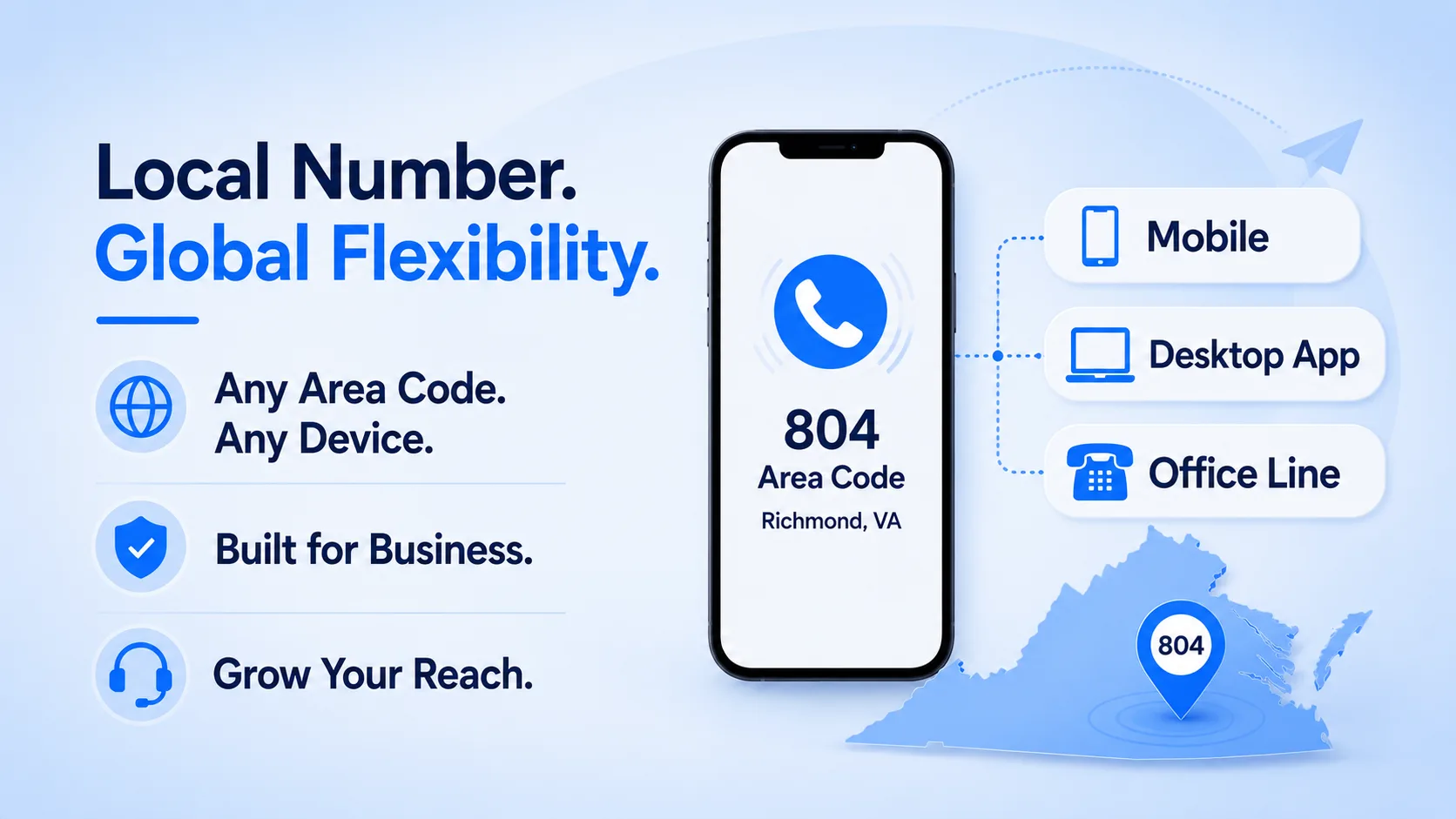 Local Number. Global Flexibility. — setting up an 804 Richmond, VA number remotely and routing it to mobile, desktop, or an office line