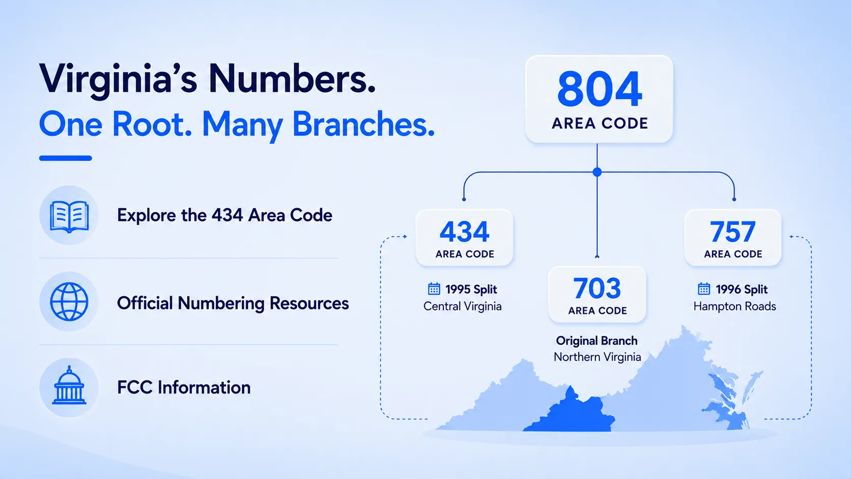 Virginia's Numbers. One Root. Many Branches. — a diagram showing the 804 area code as the parent of the 434 and 757 splits, alongside the original 703 branch