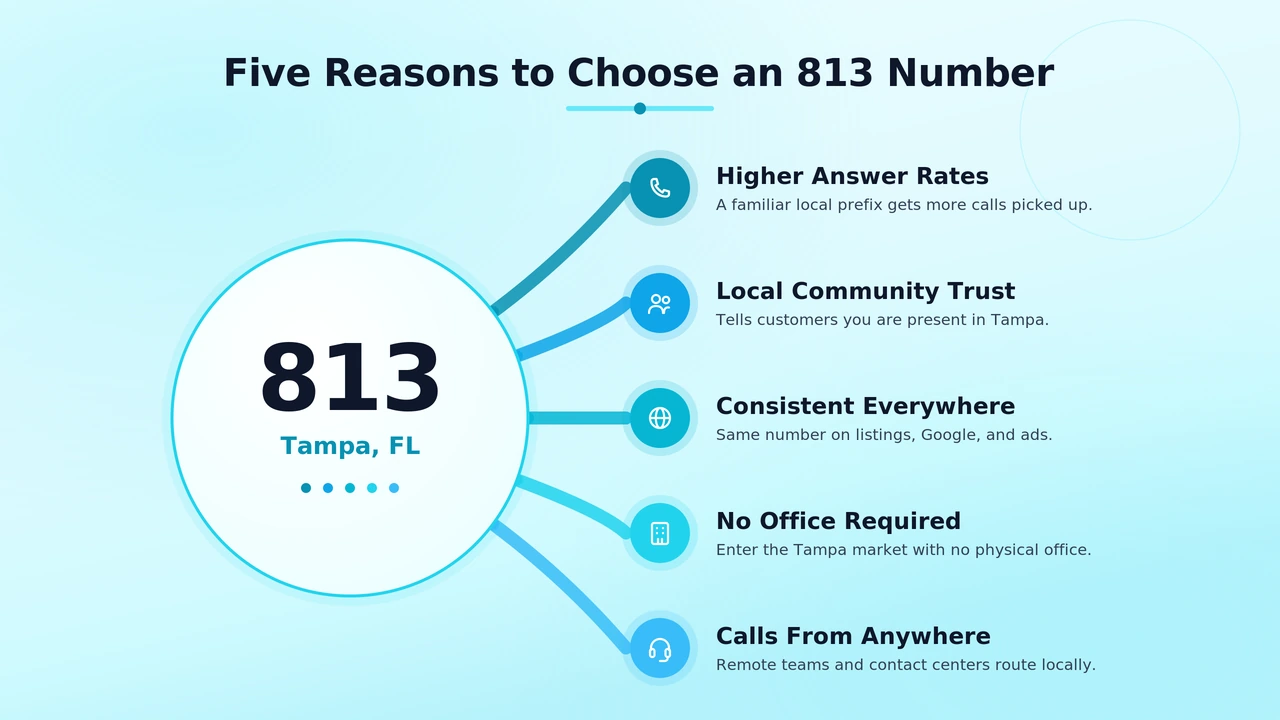 Clock graphic comparing Eastern Time in Tampa against Pacific Time, illustrating the 656 overlay's 10-digit dialing rule
