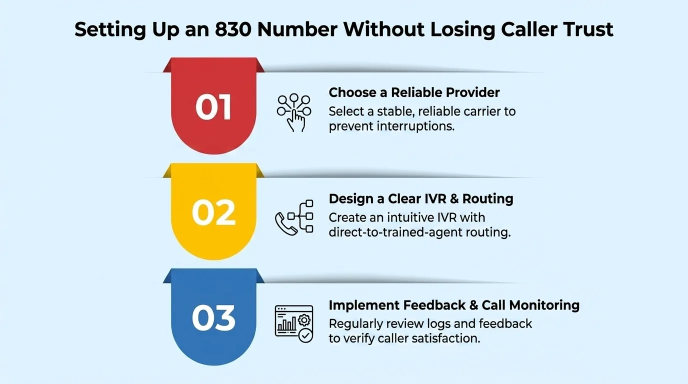 Setting Up an 830 Number Without Losing Caller Trust — three steps: choose a reliable provider, design a clear IVR and routing, implement feedback and call monitoring