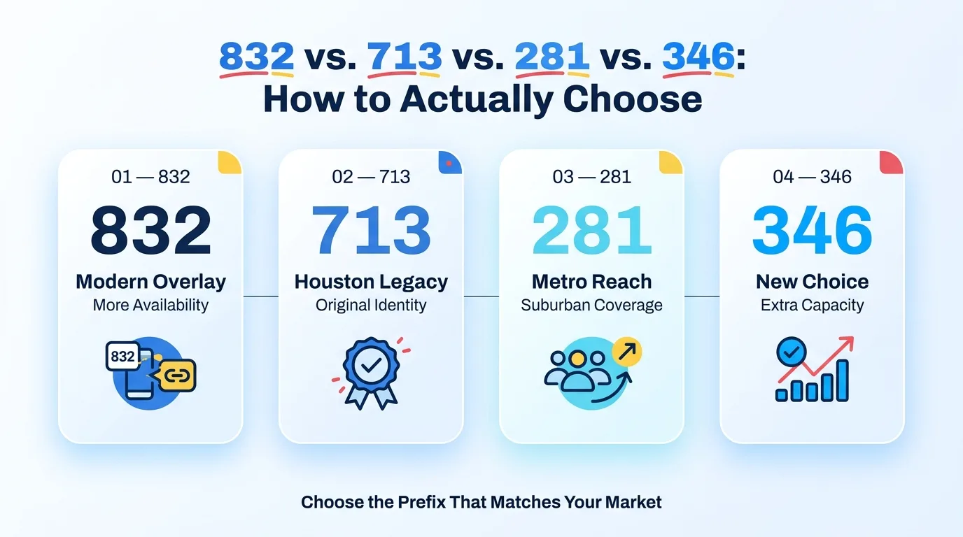 832 vs. 713 vs. 281 vs. 346: How to Actually Choose — comparing modern overlay 832, Houston legacy 713, metro reach 281, and new choice 346