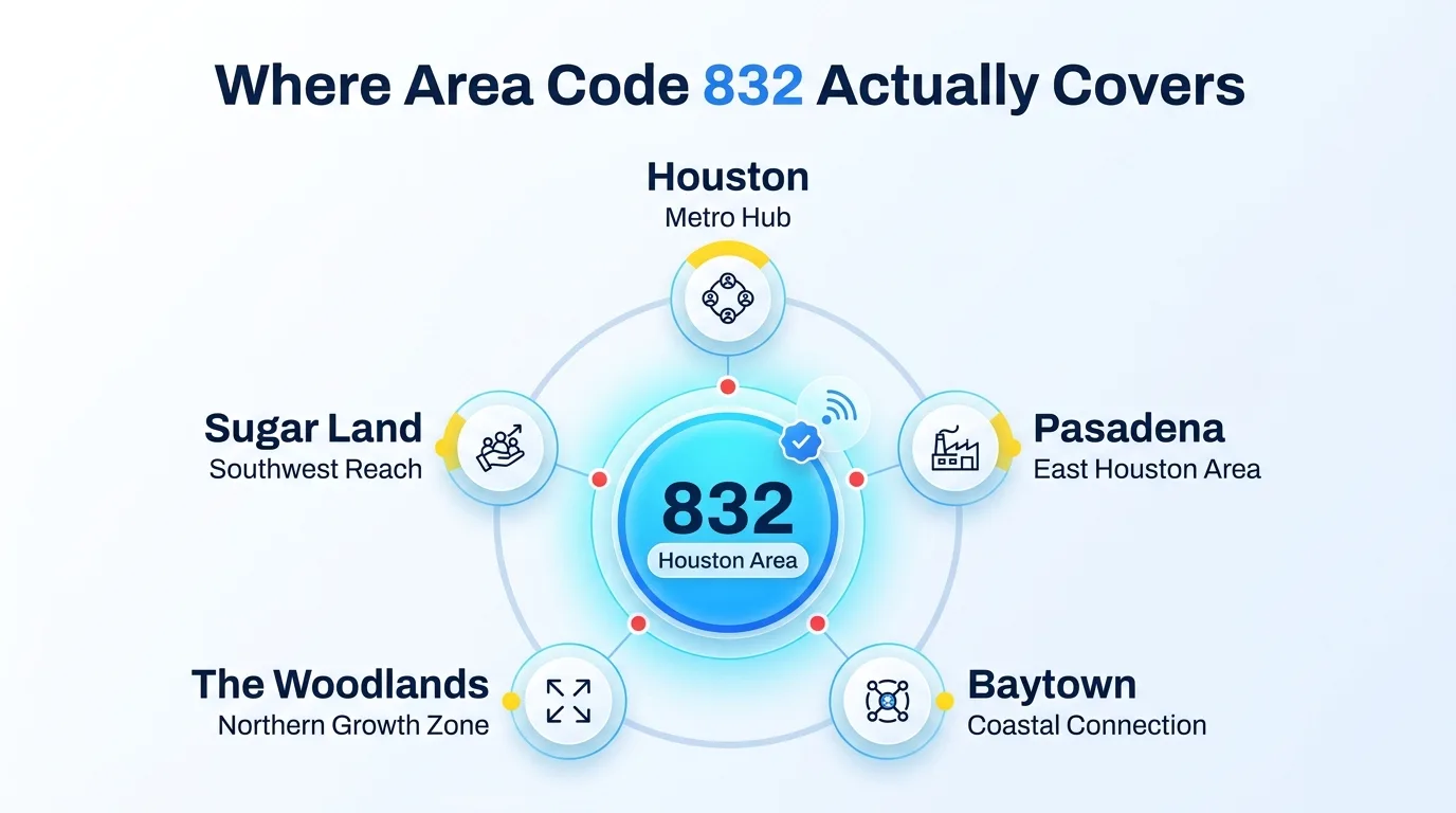 Where Area Code 832 Actually Covers — Houston, Sugar Land, Pasadena, The Woodlands, and Baytown inside the 832 zone
