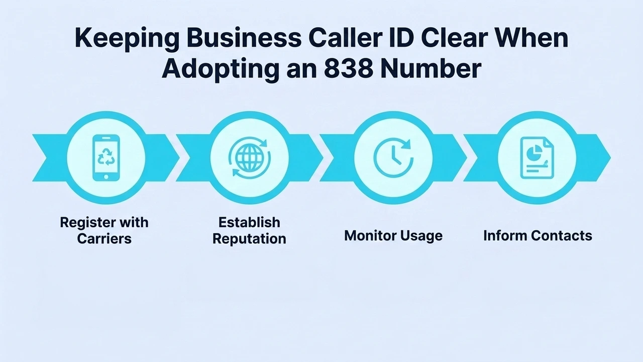 Keeping Business Caller ID Clear When Adopting an 838 Number — four steps: register with carriers, establish reputation, monitor usage, and inform contacts