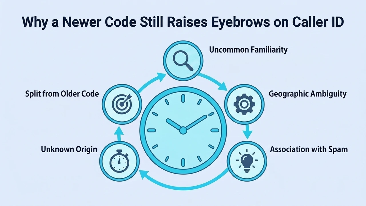Why a Newer Code Still Raises Eyebrows on Caller ID — cycle of uncommon familiarity, geographic ambiguity, association with spam, unknown origin, and being split from an older code