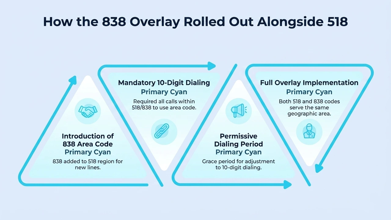 How the 838 Overlay Rolled Out Alongside 518 — four steps: introduction of the 838 area code, permissive dialing period, mandatory 10-digit dialing, and full overlay implementation