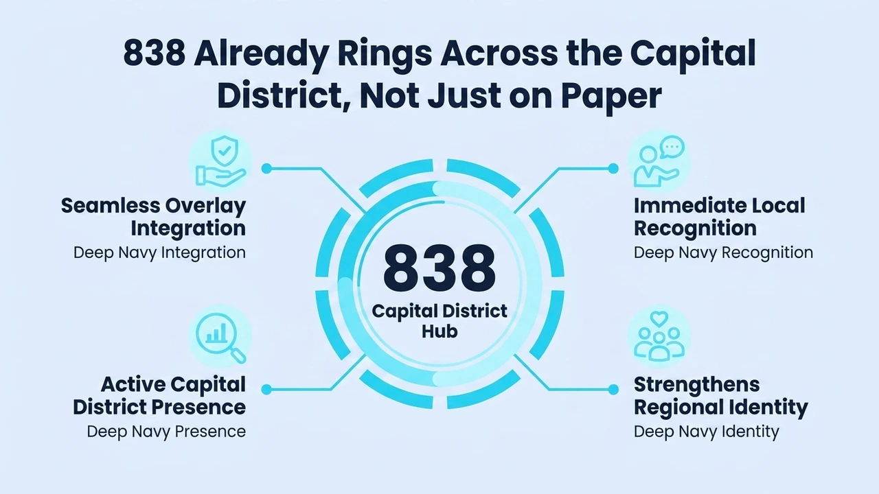 838 Already Rings Across the Capital District, Not Just on Paper — hub diagram covering seamless overlay integration, immediate local recognition, active Capital District presence, and strengthened regional identity