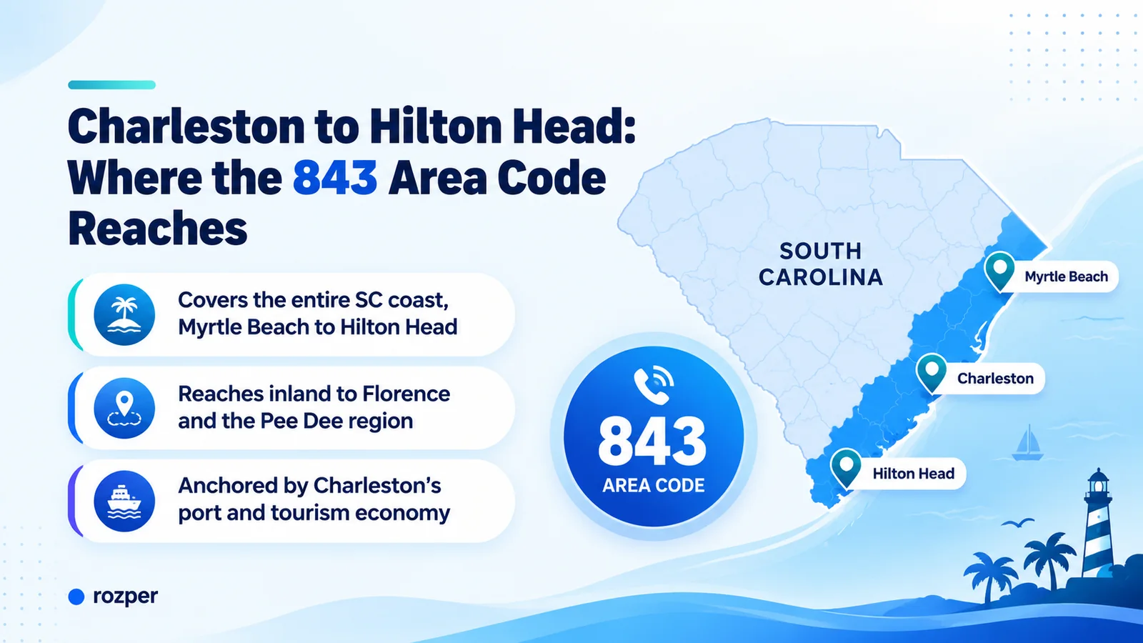 843 area code coverage map showing Charleston, Myrtle Beach, and Hilton Head along the South Carolina coast