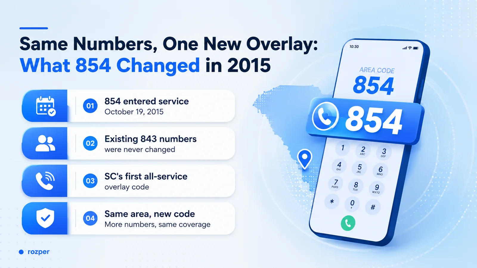 Diagram showing the 854 overlay sharing the same coastal South Carolina territory as the 843 area code