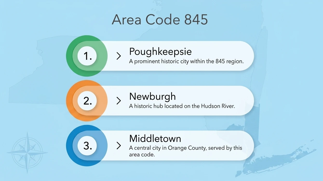 Key cities and towns covered by the 845 prefix