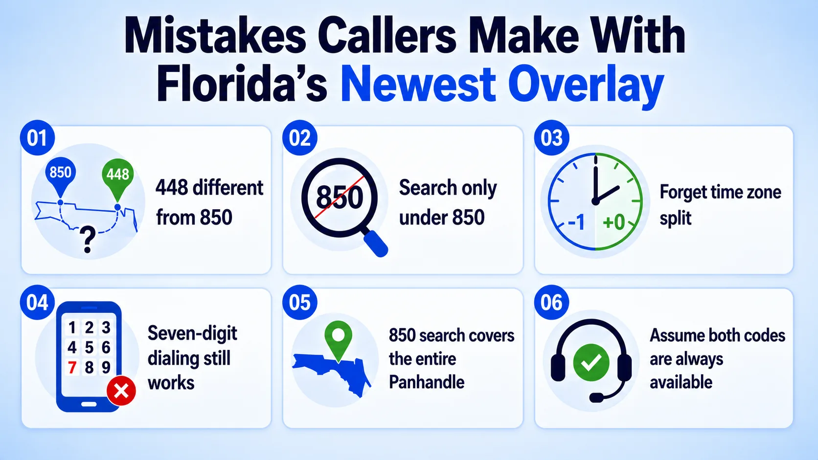 Mistakes Callers Make With Florida's Newest Overlay — assuming 448 differs from 850, searching only under 850, forgetting the time zone split, and other common errors