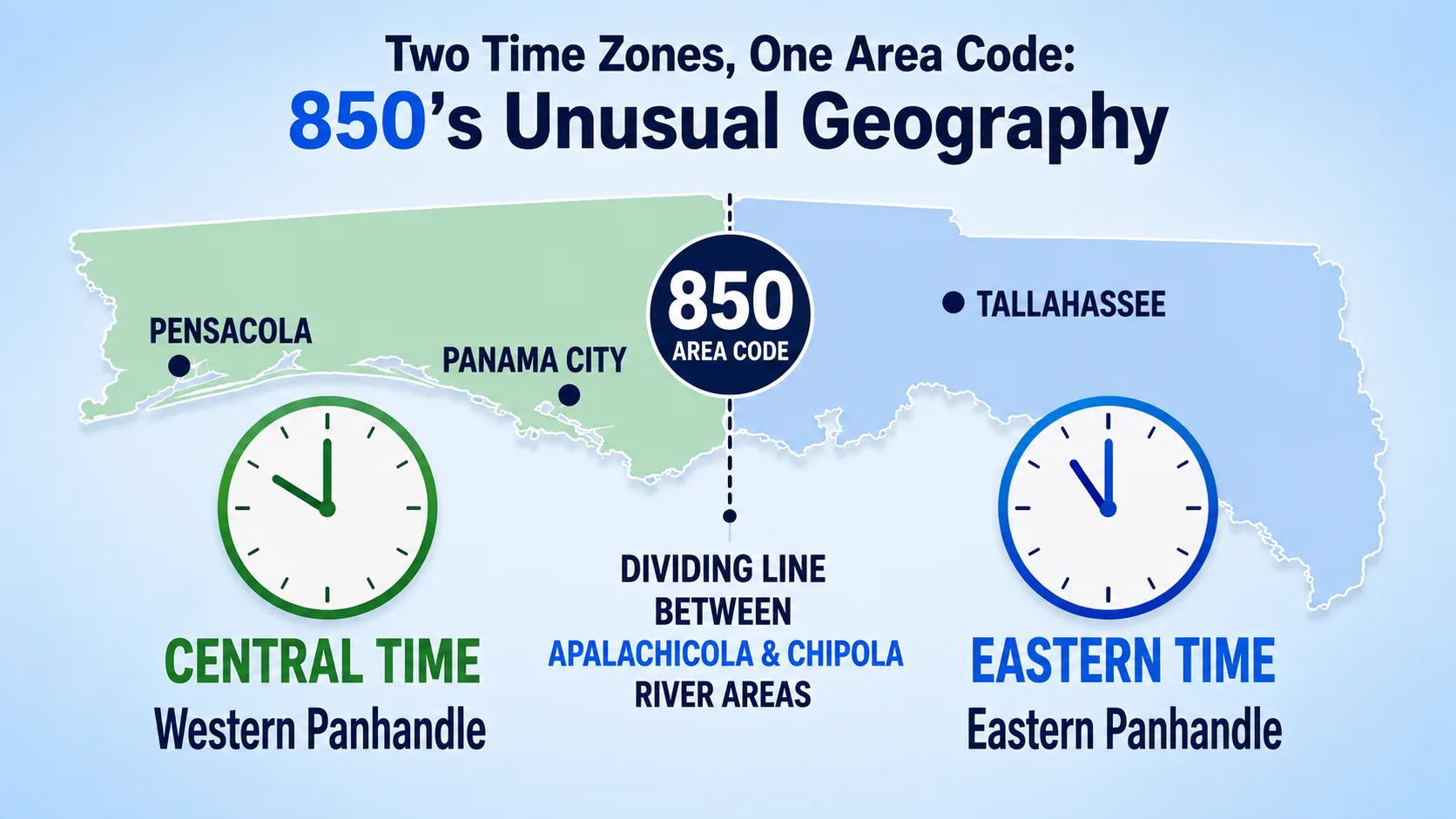 Two Time Zones, One Area Code: 850's Unusual Geography — the Florida Panhandle split between Central Time near Pensacola and Panama City and Eastern Time near Tallahassee