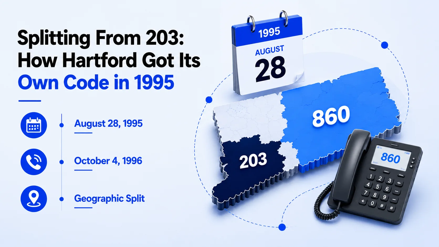Splitting From 203: How Hartford Got Its Own Code in 1995 — timeline showing the August 28, 1995 geographic split and the October 4, 1996 mandatory dialing date