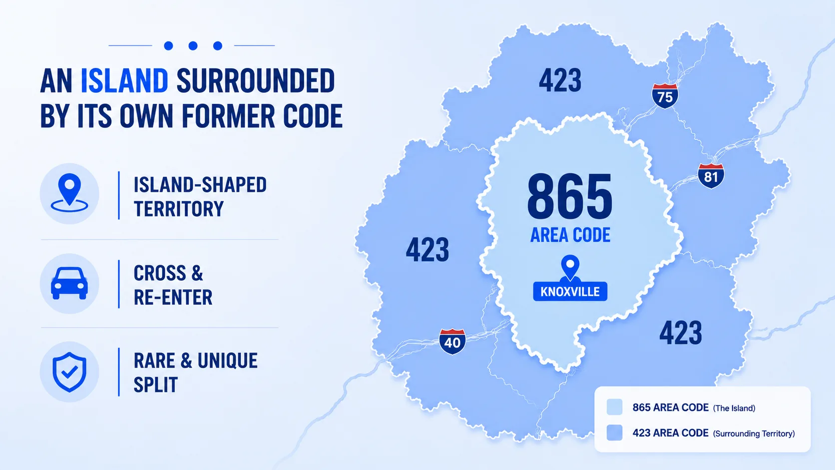 An Island Surrounded by Its Own Former Code — the 865 area code island around Knoxville surrounded on all sides by two separate sections of 423