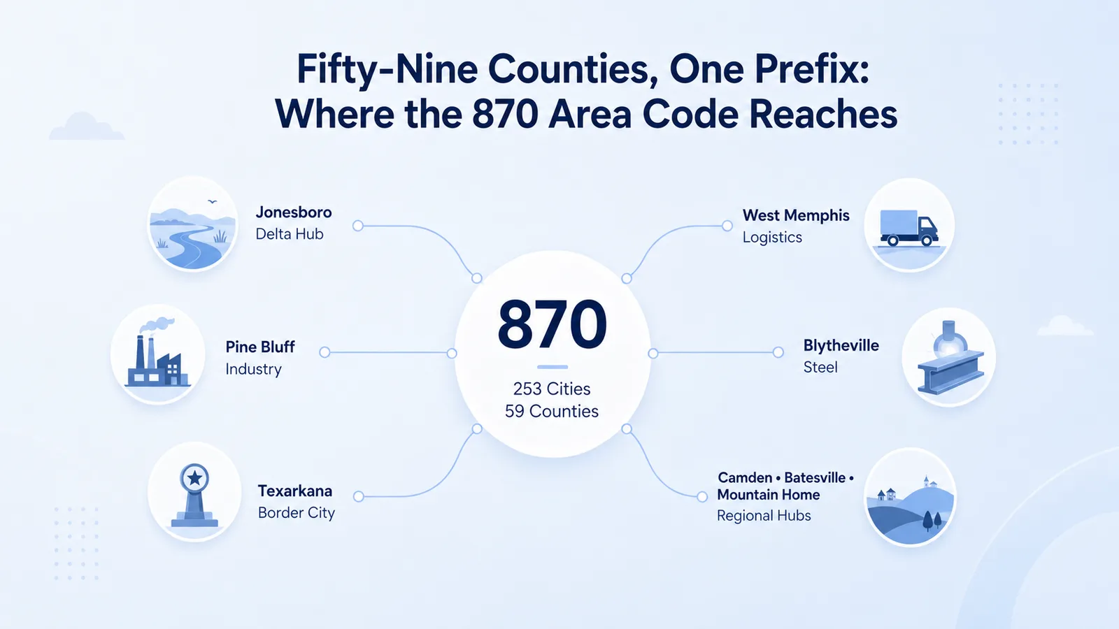 Map of Arkansas showing the 870 prefix reaching Jonesboro, Pine Bluff, Texarkana, West Memphis, Blytheville, Camden, Batesville, and Mountain Home across 59 counties and 253 cities