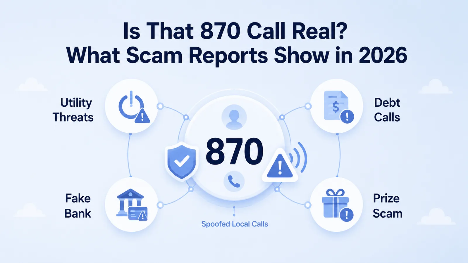 Infographic of common 870 caller ID scams reported in 2026, including utility shutoff threats, debt collection calls, fake bank robocalls, and prize or lottery scams