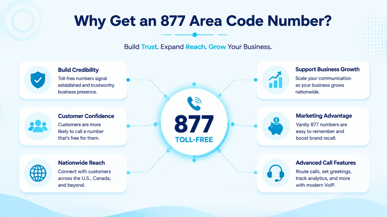 Reference graphic showing the ten-digit format of an 877 number alongside common calling features