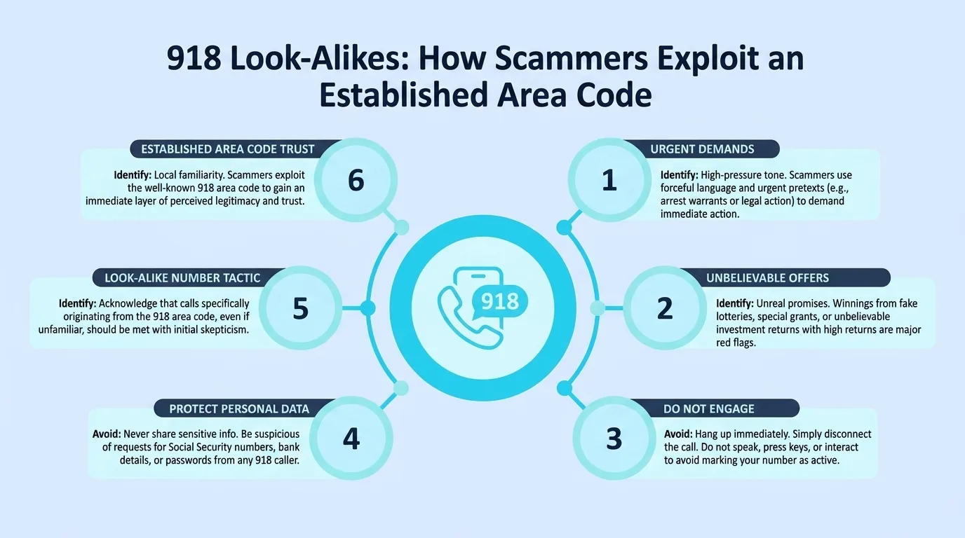 918 Look-Alikes: How Scammers Exploit an Established Area Code — six-step diagram covering urgent demands, unbelievable offers, not engaging, protecting personal data, look-alike numbers, and established area code trust
