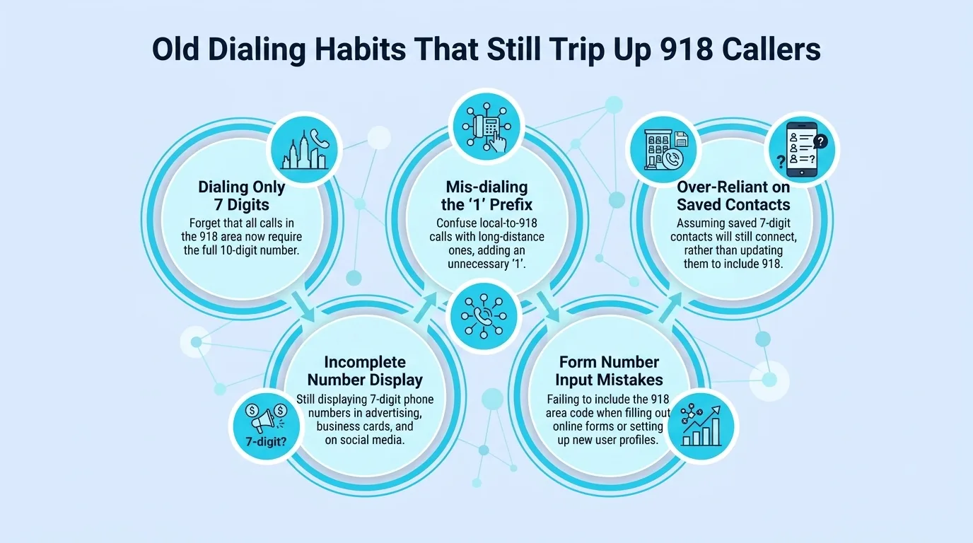 Old Dialing Habits That Still Trip Up 918 Callers — six mistakes including dialing only 7 digits, mis-dialing the 1 prefix, incomplete number display, form number input mistakes, and over-reliance on saved contacts