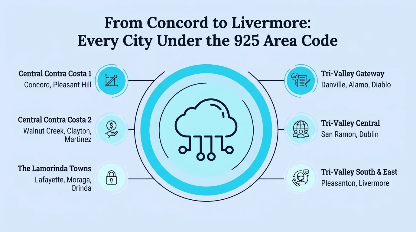 Map of the 925 prefix grouped by sub-region: Concord and Pleasant Hill, Walnut Creek and Martinez, the Lamorinda towns of Lafayette, Moraga, and Orinda, Danville and Alamo, San Ramon and Dublin, and Pleasanton and Livermore