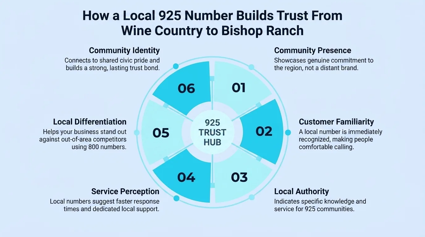 Six-point trust hub graphic showing how a local 925 number builds community presence, customer familiarity, local authority, service perception, local differentiation, and community identity
