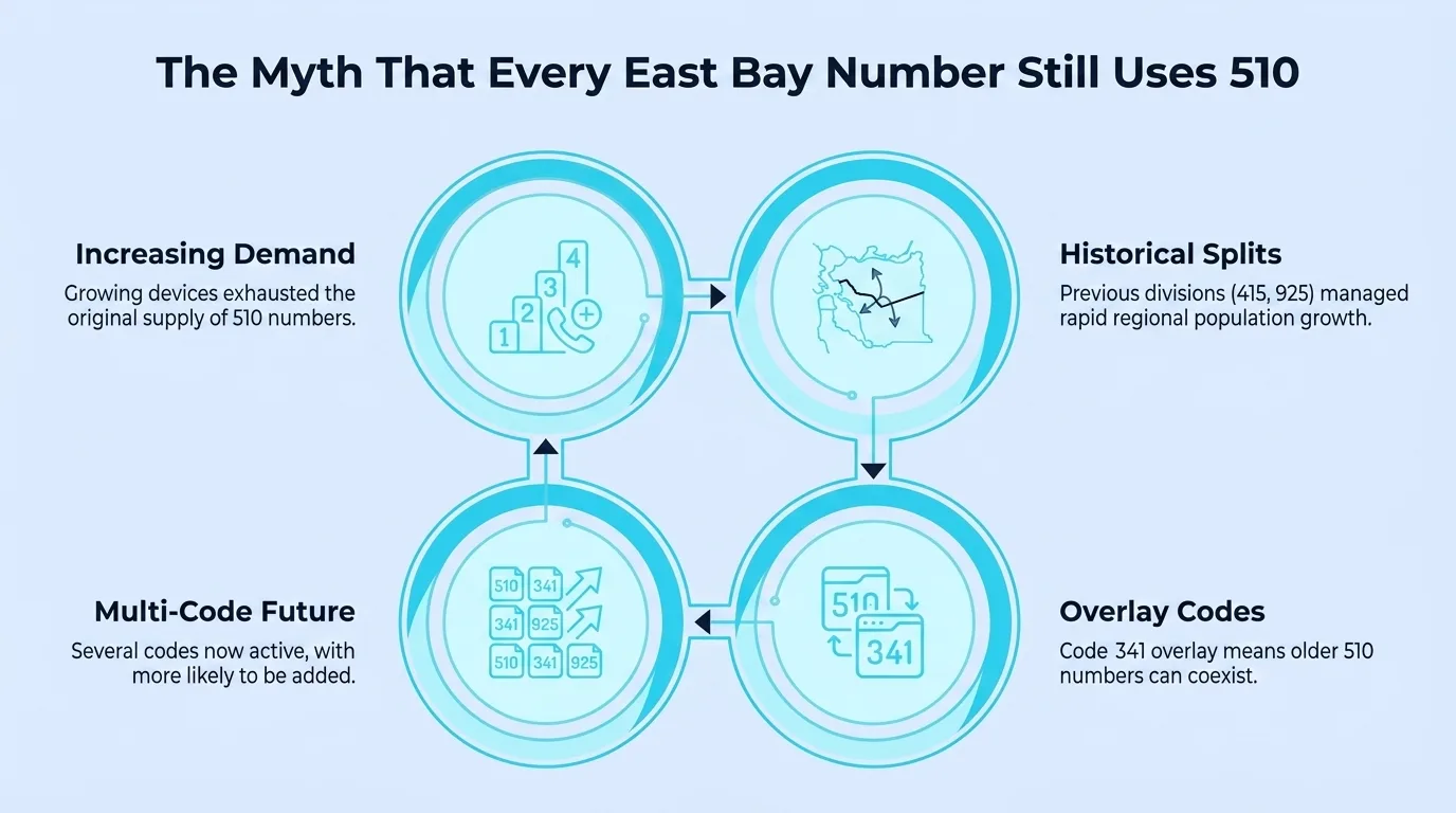 Diagram showing increasing demand exhausted the original 510 supply, historical splits created 415 and 925, the 341 overlay lets older 510 numbers coexist, and several codes are now active across the East Bay