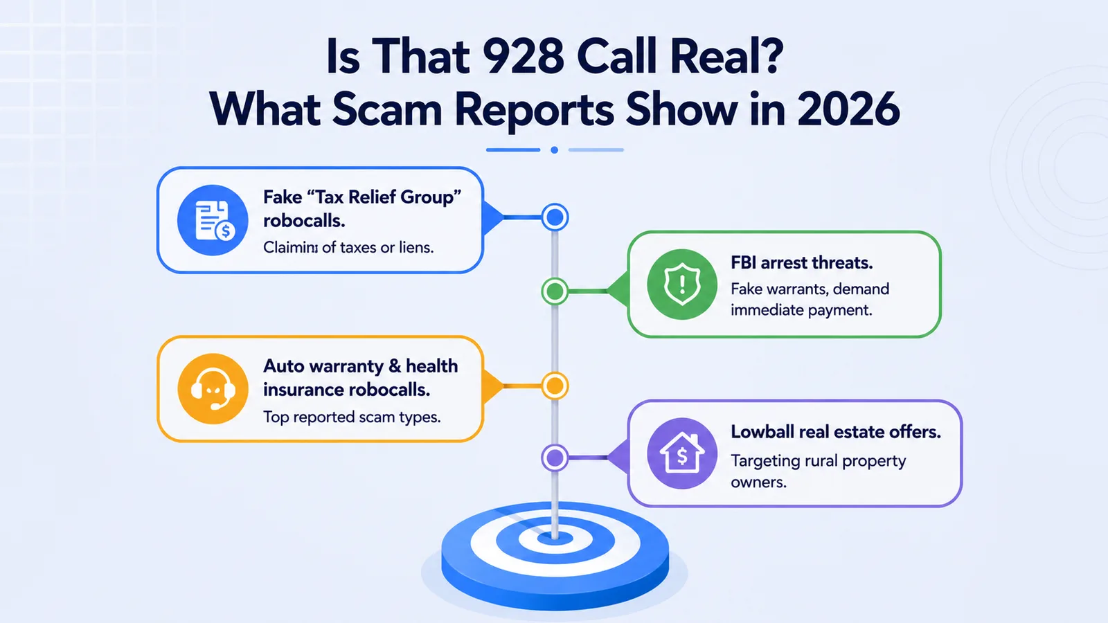 Infographic of common 928 caller ID scams reported in 2026, including fake Tax Relief Group robocalls, FBI arrest threats, auto warranty and health insurance robocalls, and lowball real estate offers
