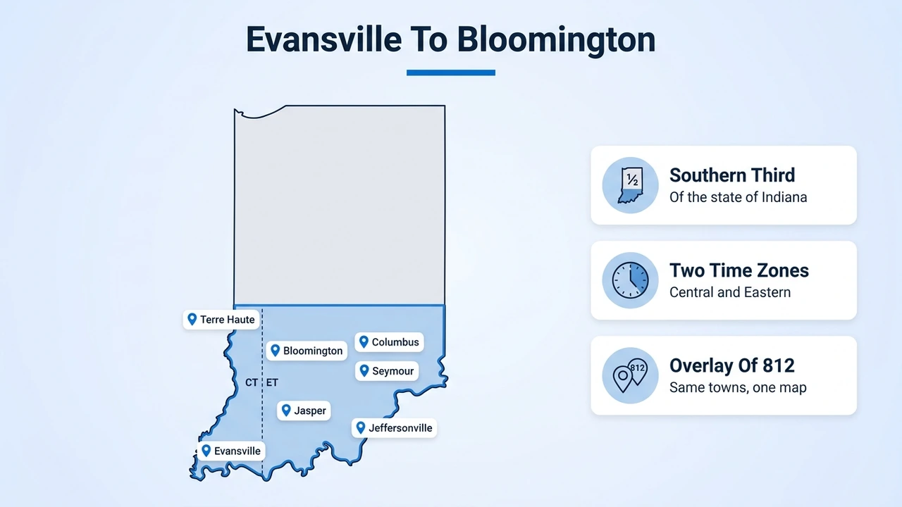 Evansville To Bloomington — map of southern Indiana cities covered by the 930 area code