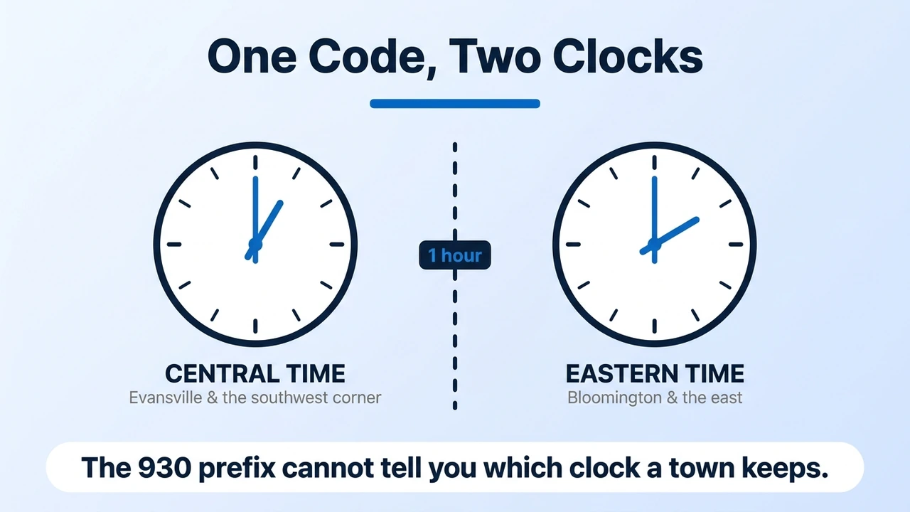 One Code, Two Clocks — southern Indiana split between Central and Eastern time under the 930 area code