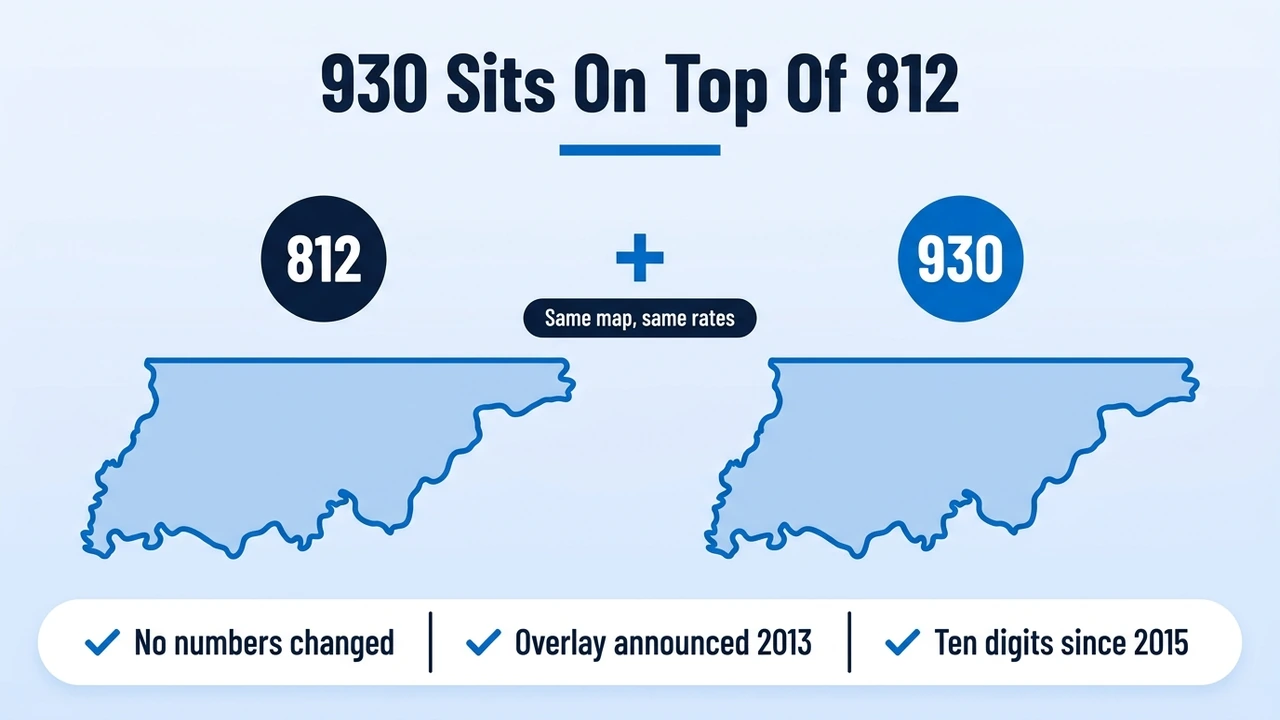 930 Sits On Top Of 812 — diagram of the 930 overlay sharing the same territory as the 812 area code