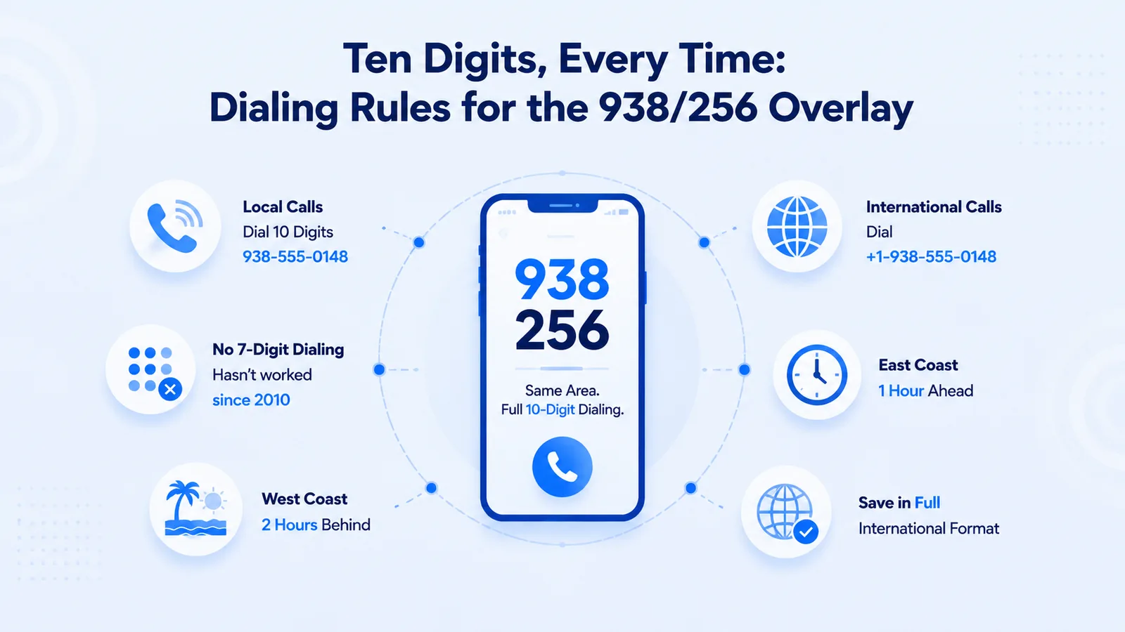 Phone screen showing 938 and 256 dialing formats side by side, with local, international, and cross-time-zone calling rules for the overlay