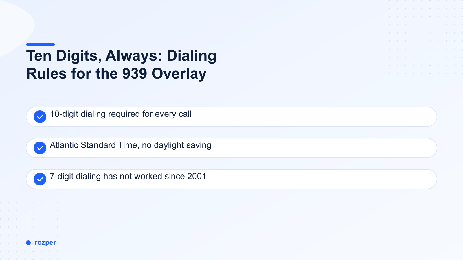 Ten Digits, Always: Dialing Rules for the 939 Overlay — a phone screen showing the 10-digit 939 dialing format required even for local calls