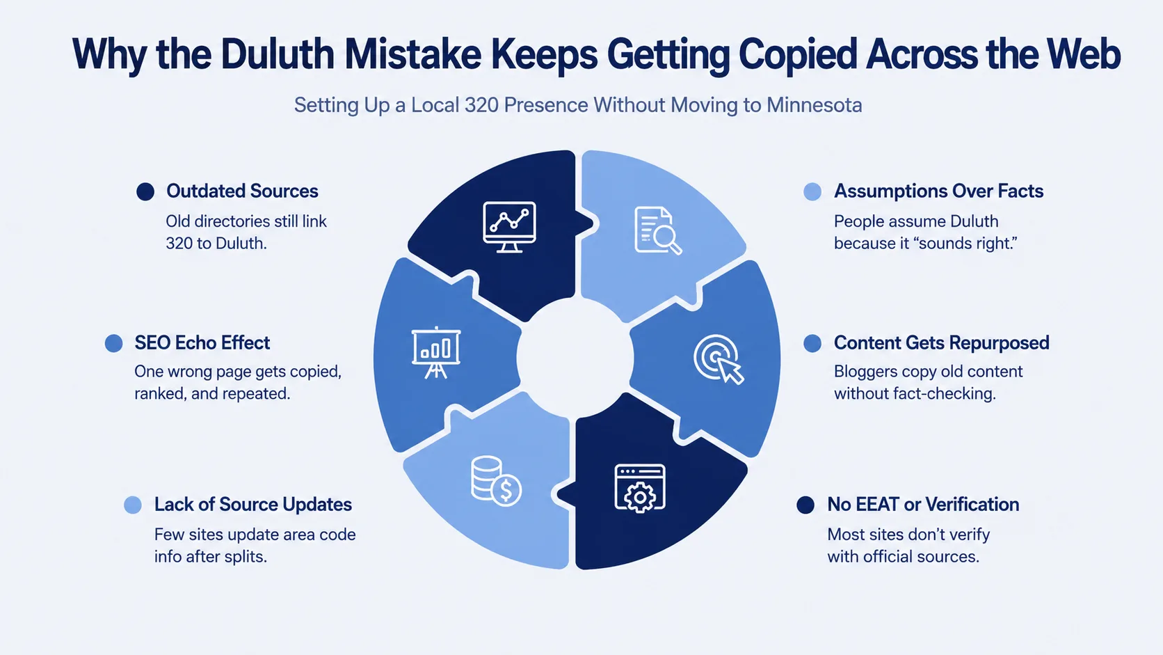 Why the Duluth Mistake Keeps Getting Copied Across the Web — infographic showing outdated sources, assumptions over facts, SEO echo effect, content gets repurposed, lack of source updates, and no EEAT or verification