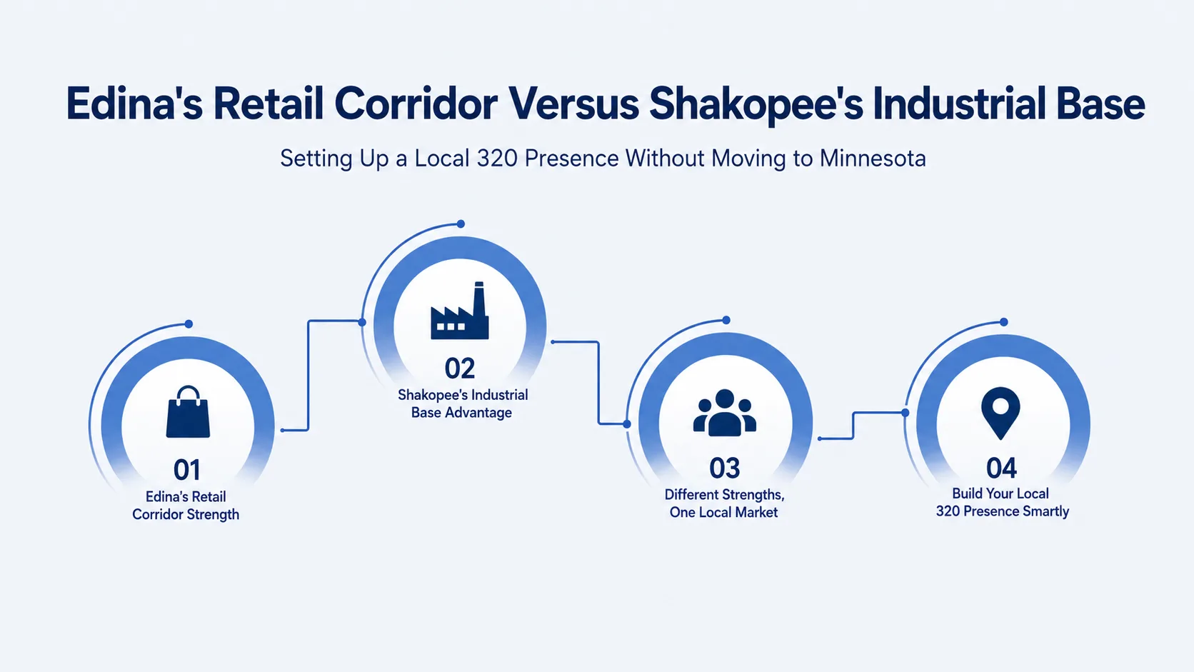 Edina's Retail Corridor Versus Shakopee's Industrial Base — infographic showing Edina's retail corridor strength, Shakopee's industrial base advantage, different strengths one local market, and building a local 320 presence smartly