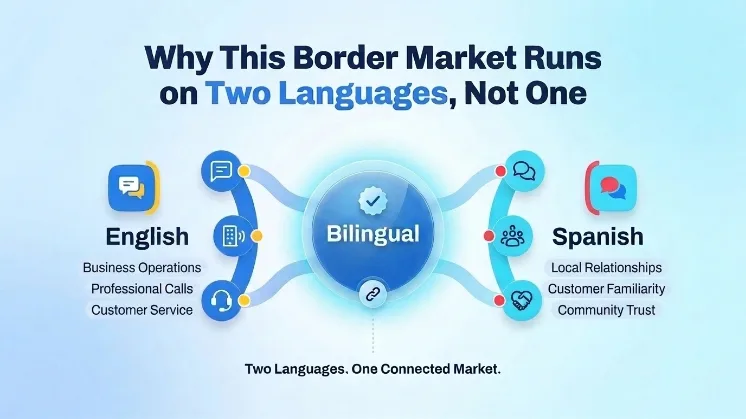 Why This Border Market Runs on Two Languages, Not One — English business operations and Spanish local relationships meeting in a bilingual 956 market