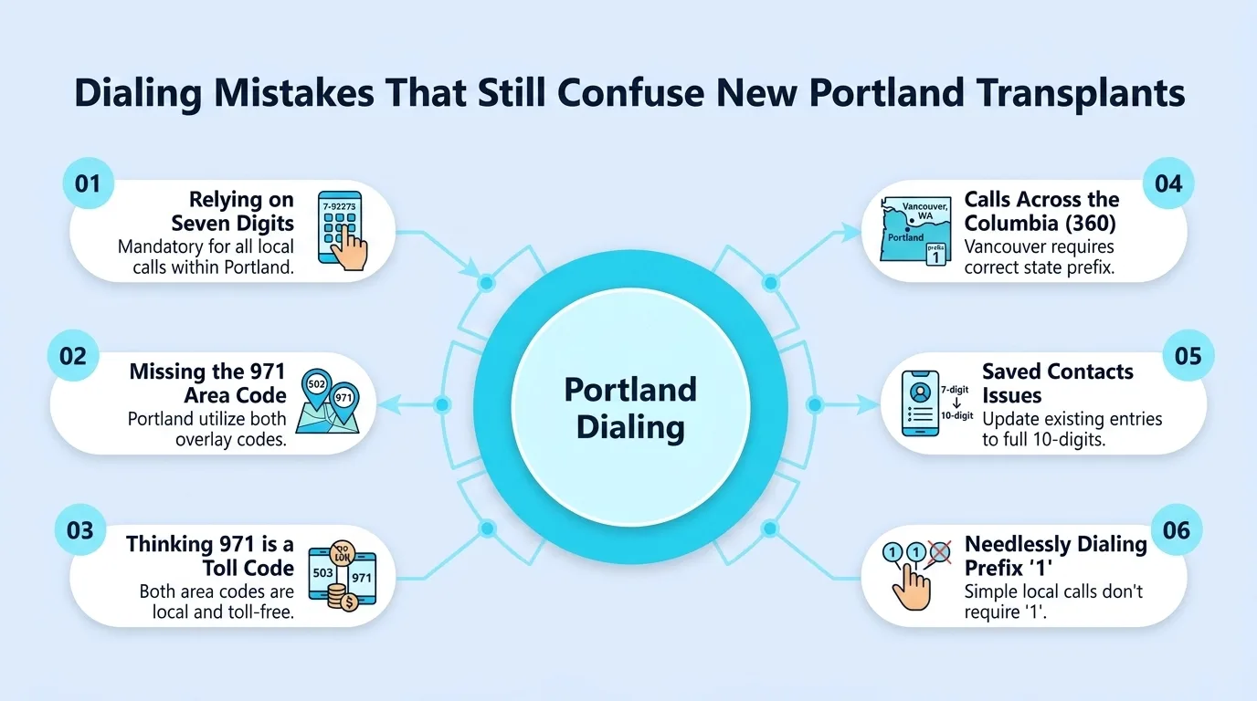 Dialing Mistakes That Still Confuse New Portland Transplants — six mistakes covering relying on seven digits, missing the 971 area code, thinking it's a toll code, calls across the Columbia, saved contacts issues, and needlessly dialing prefix 1
