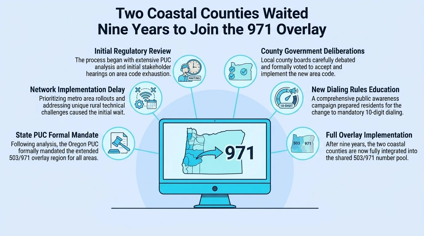 Two Coastal Counties Waited Nine Years to Join the 971 Overlay — diagram of initial regulatory review, county government deliberations, network implementation delay, new dialing rules education, state PUC mandate, and full overlay implementation
