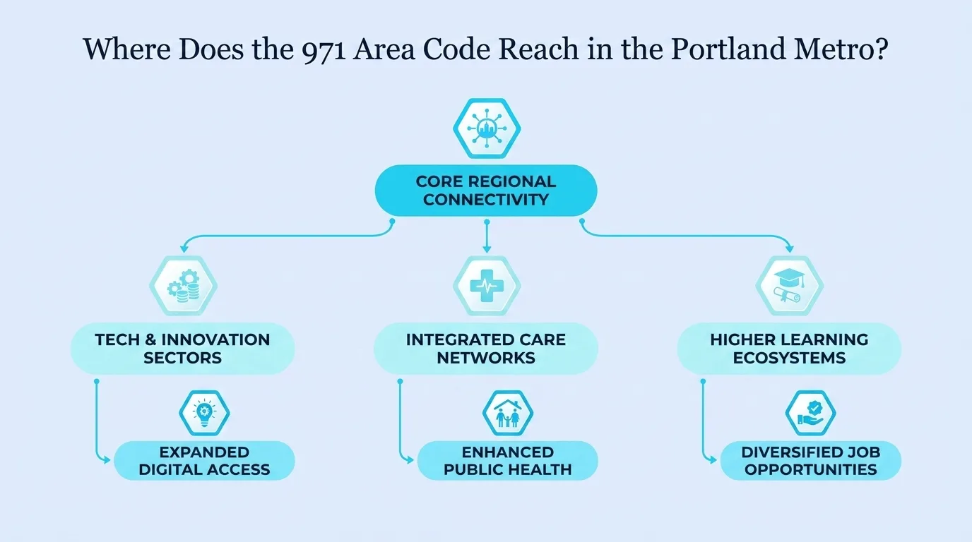 Where Does the 971 Area Code Reach in the Portland Metro — diagram of core regional connectivity across tech and innovation, integrated care networks, and higher learning ecosystems